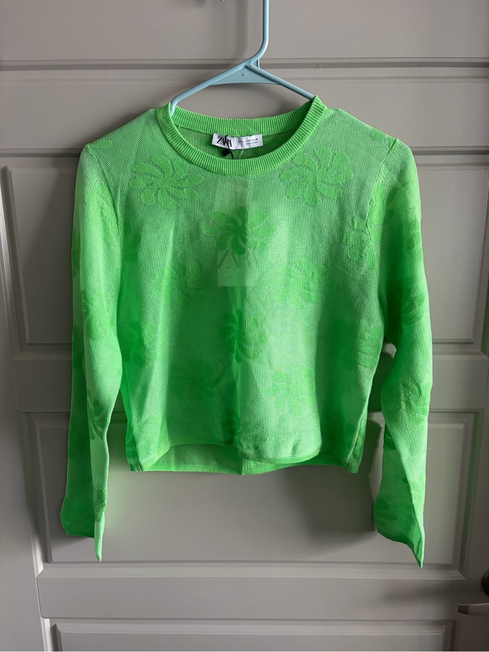 Zara Bright Lime Green Floral Jacquard Crewneck Sheer Sweater